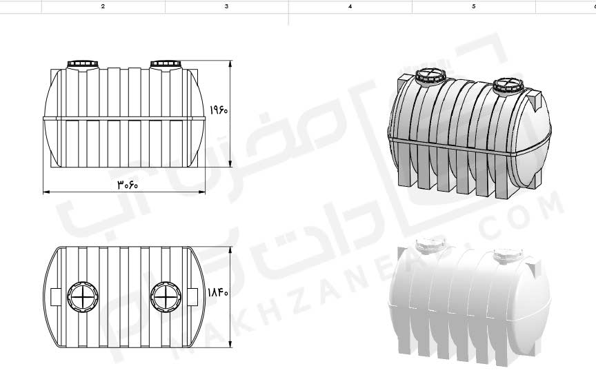 نقشه فنی و ابعاد مخزن آب 8000 لیتری افقی